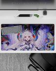 32x16 inches anime girl mouse pad in crimson, teal, midnight splashes with dreamy pastel lavender glow.