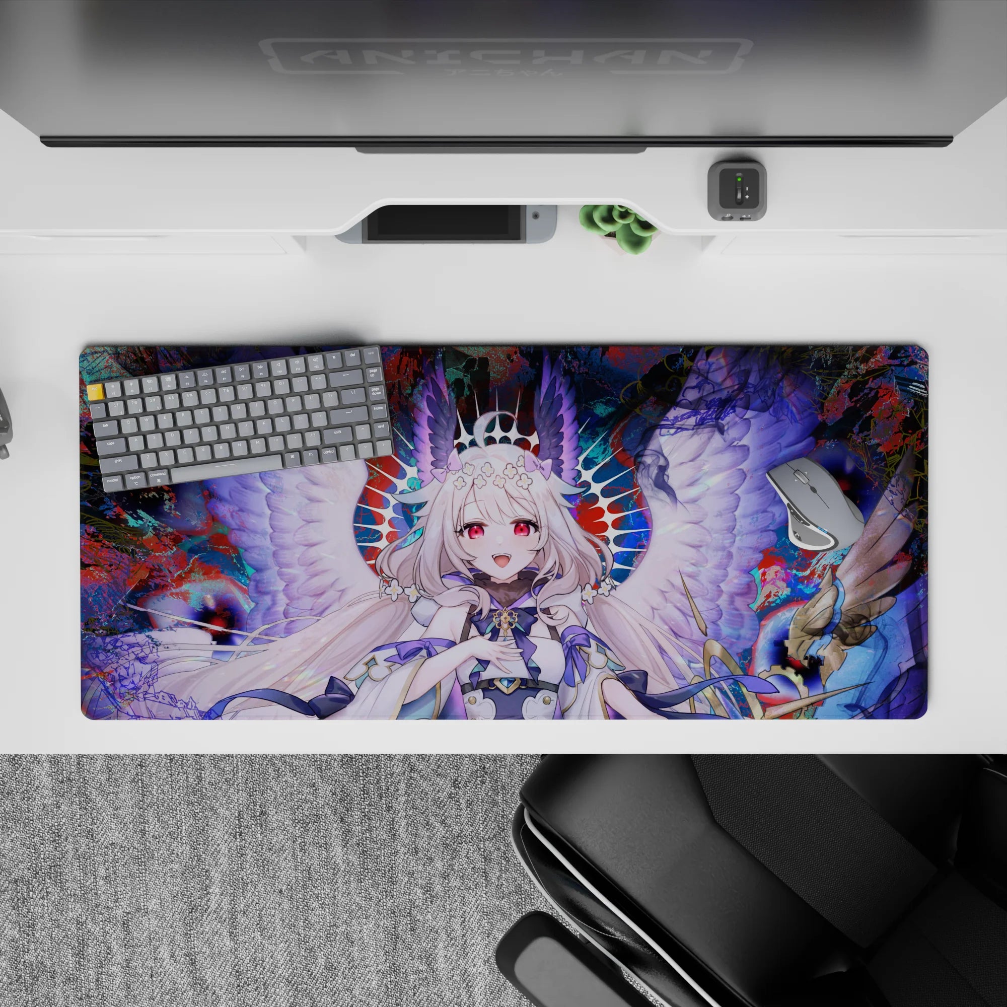 36x16 inches anime desk pad in crimson, teal, and midnight with dreamy vibes, bright pink eyes, violet ribbons.