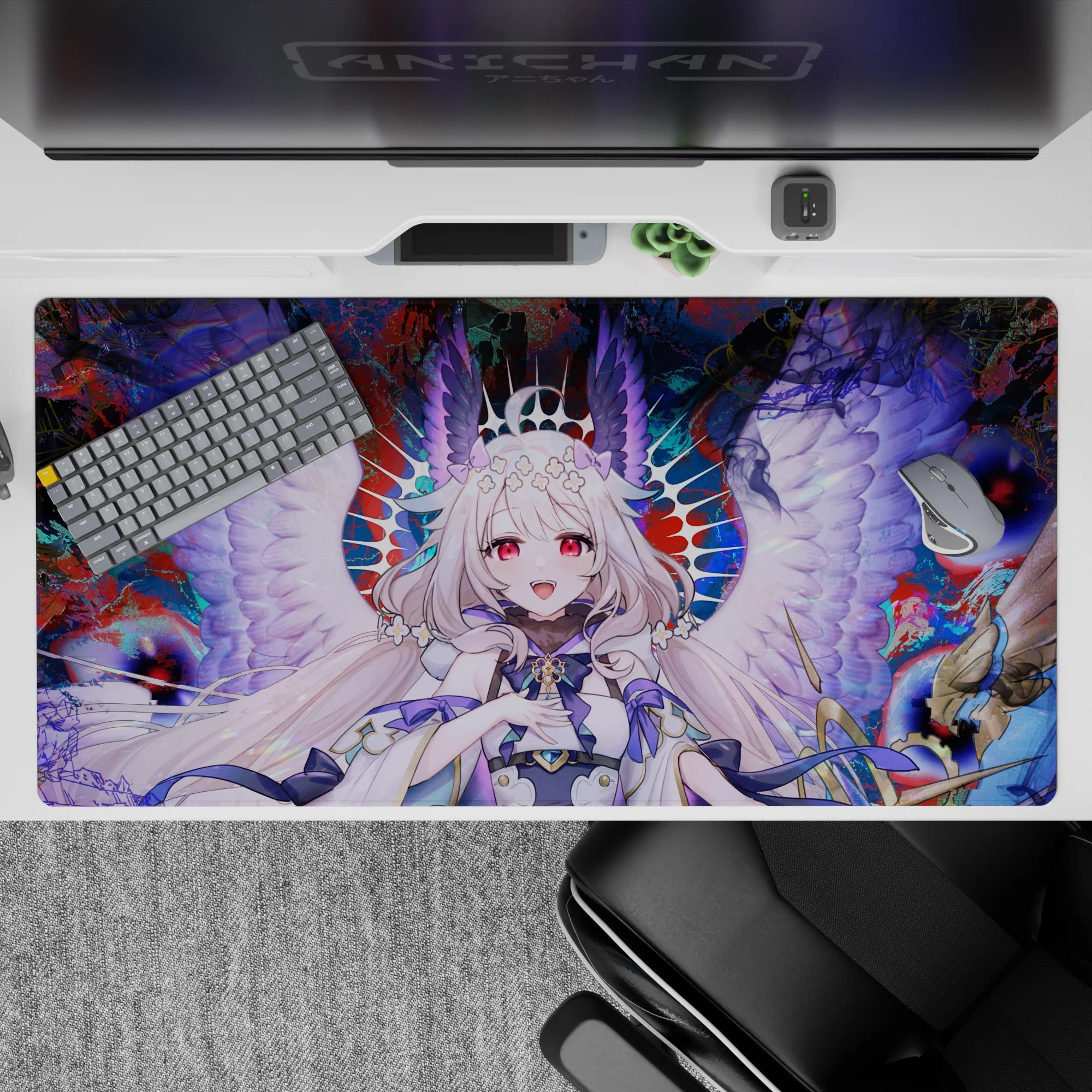 40x20 inches anime desk pad in crimson, teal, and midnight chaos, dreamy cute-power vibe, vivid print.