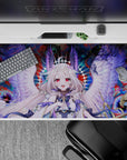 40x20 inches anime desk pad in crimson, teal, and midnight chaos, dreamy cute-power vibe, vivid print.
