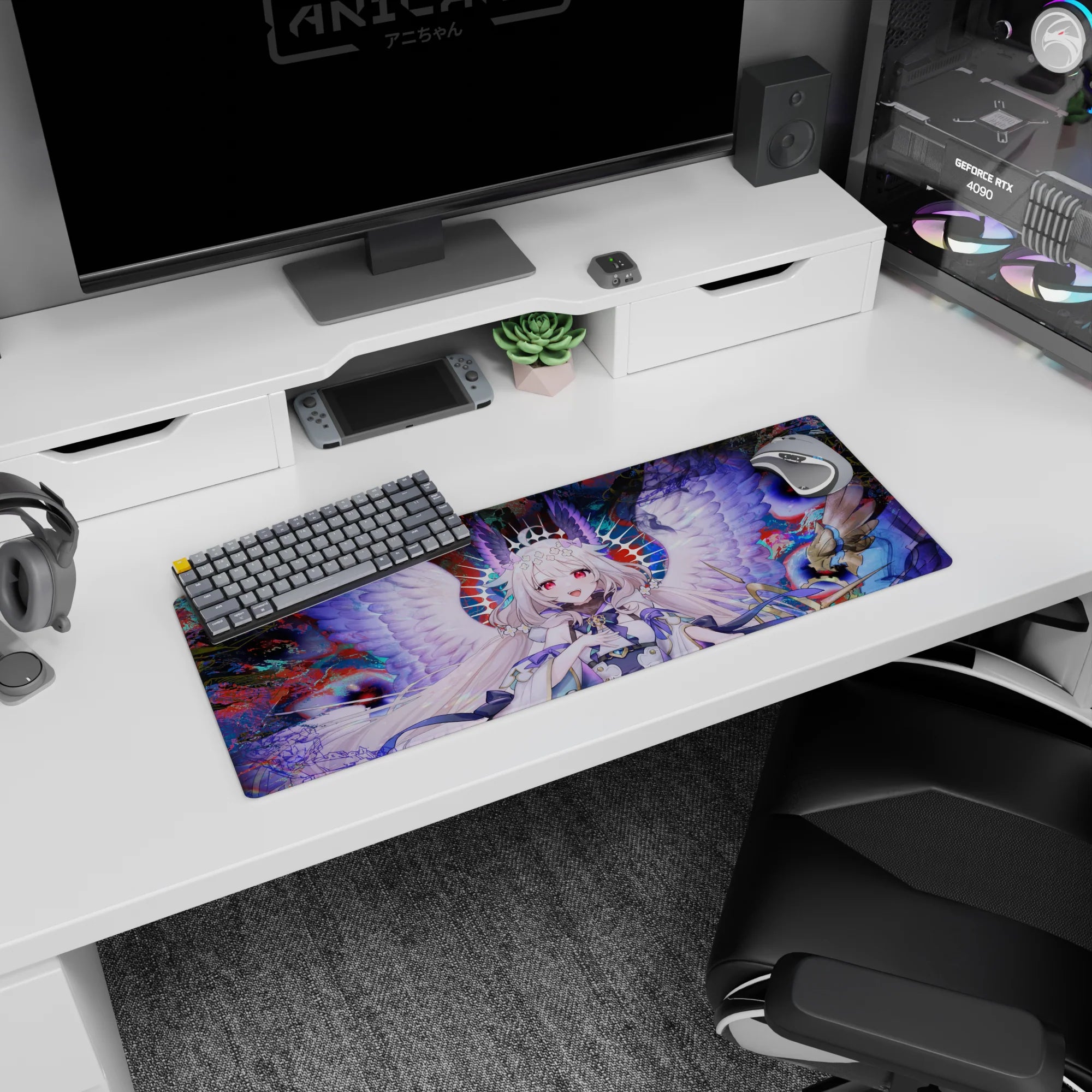 32x12 inches desk mouse pad featuring wide-smile angel girl, snowy hair, pink eyes, wings spread.