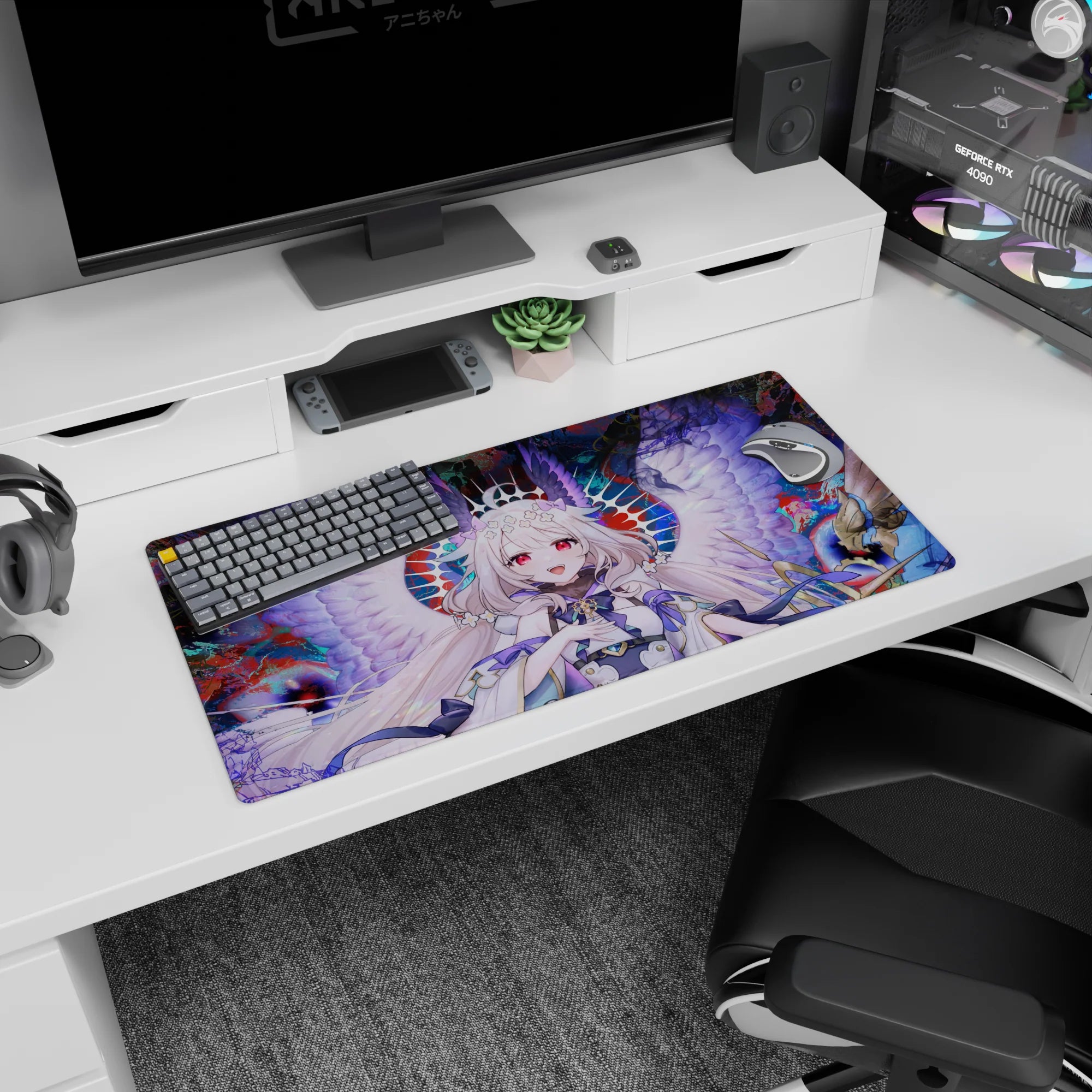 32x16 inches anime girl mouse pad featuring wide-smile angel girl, snowy hair, flower crown, pink eyes.