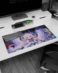 32x16 inches anime girl mouse pad featuring wide-smile angel girl, snowy hair, flower crown, pink eyes.