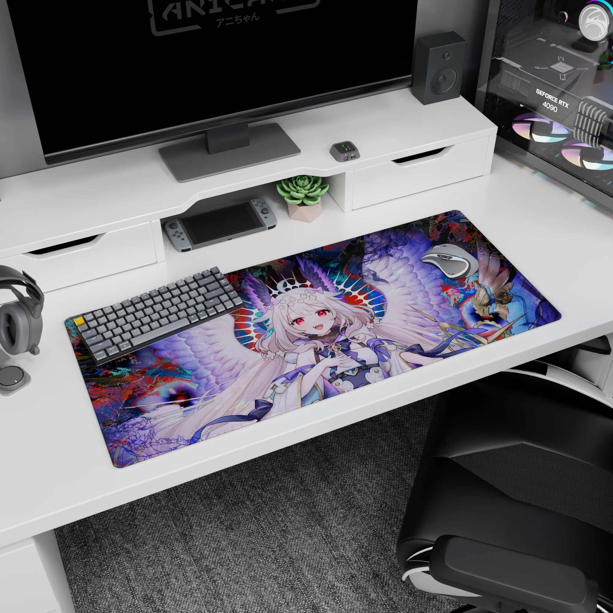 36x16 inches desk pad showing a wide-smile angel girl welcoming you, huge wings spread, snowy hair flowing.