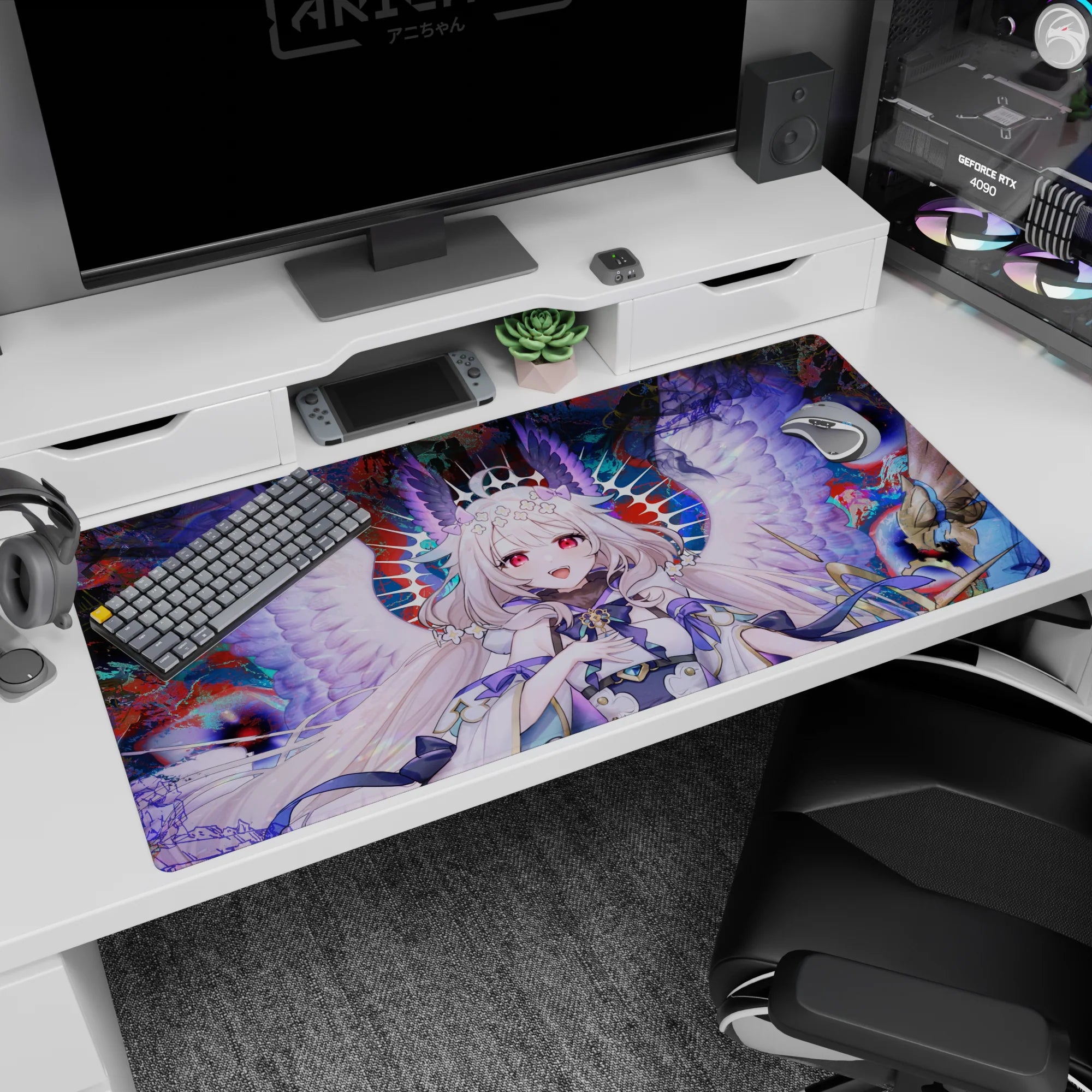 40x20 inches desk pad showing wide-smile angel girl with snowy hair, pink eyes, violet ribbons, wings spread.