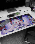 40x20 inches desk pad showing wide-smile angel girl with snowy hair, pink eyes, violet ribbons, wings spread.