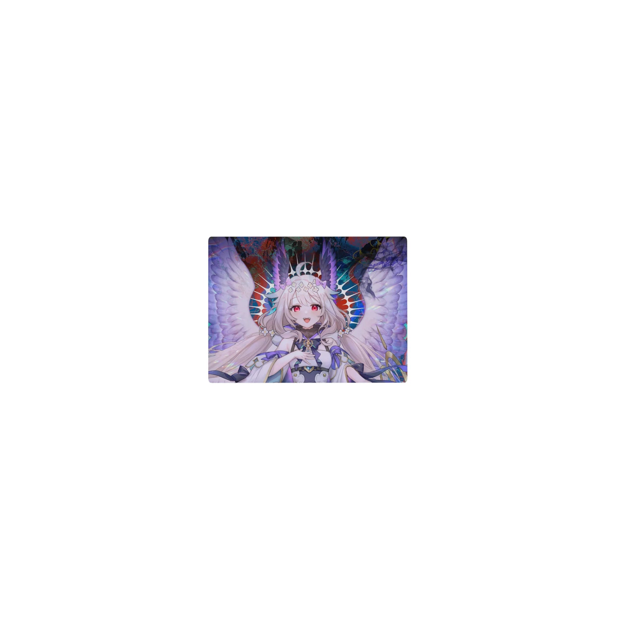 Classic anime girl mouse pad 14x10 inches with smiling angel, lavender wings, flower crown, ribboned outfit.