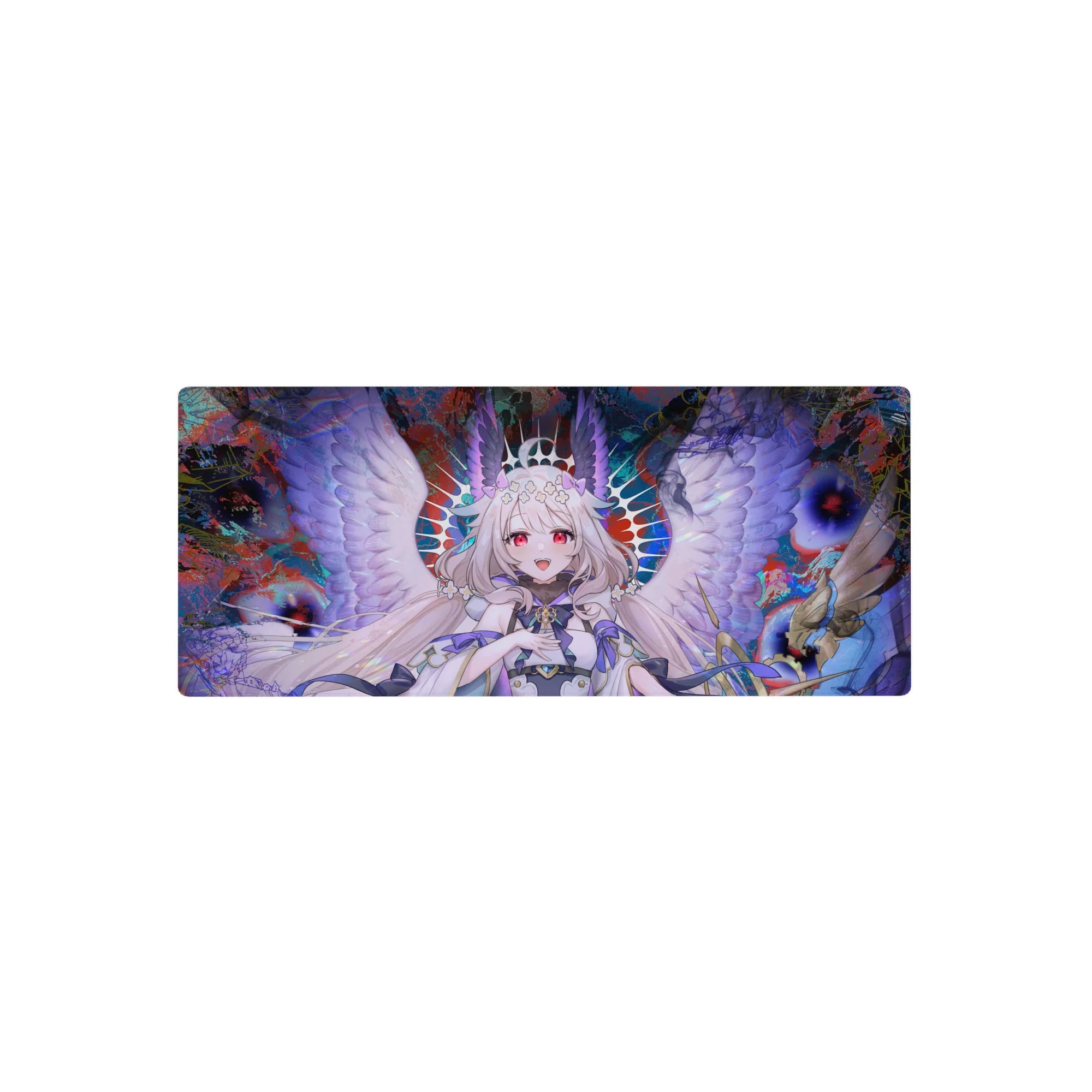 28x12 inches anime girl mouse pad with smiling angel, lavender wings, flower crown, vibrant splash art.