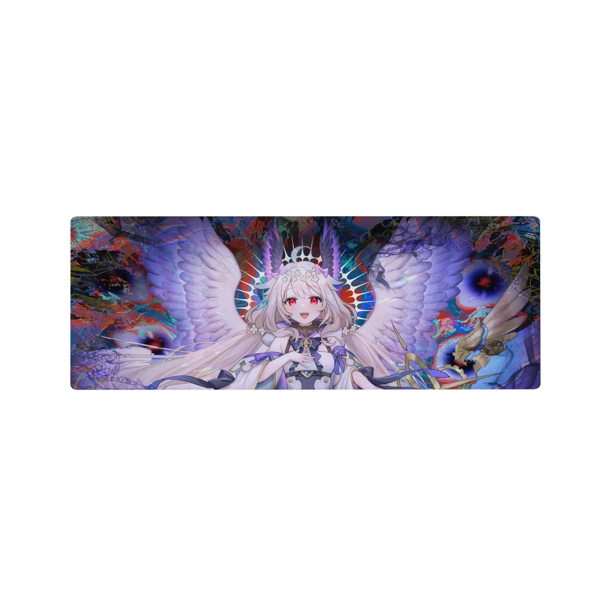 32x12 inches anime girl mouse pad with smiling angel, lavender wings, flower crown, vibrant splash art.