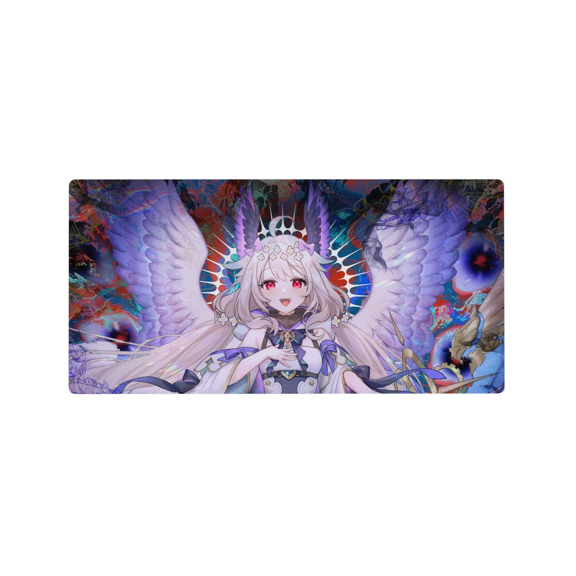32x16 inches anime girl mouse pad with smiling angel, huge lavender wings, ribbon bows, splash background.