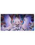 32x16 inches anime girl mouse pad with smiling angel, huge lavender wings, ribbon bows, splash background.