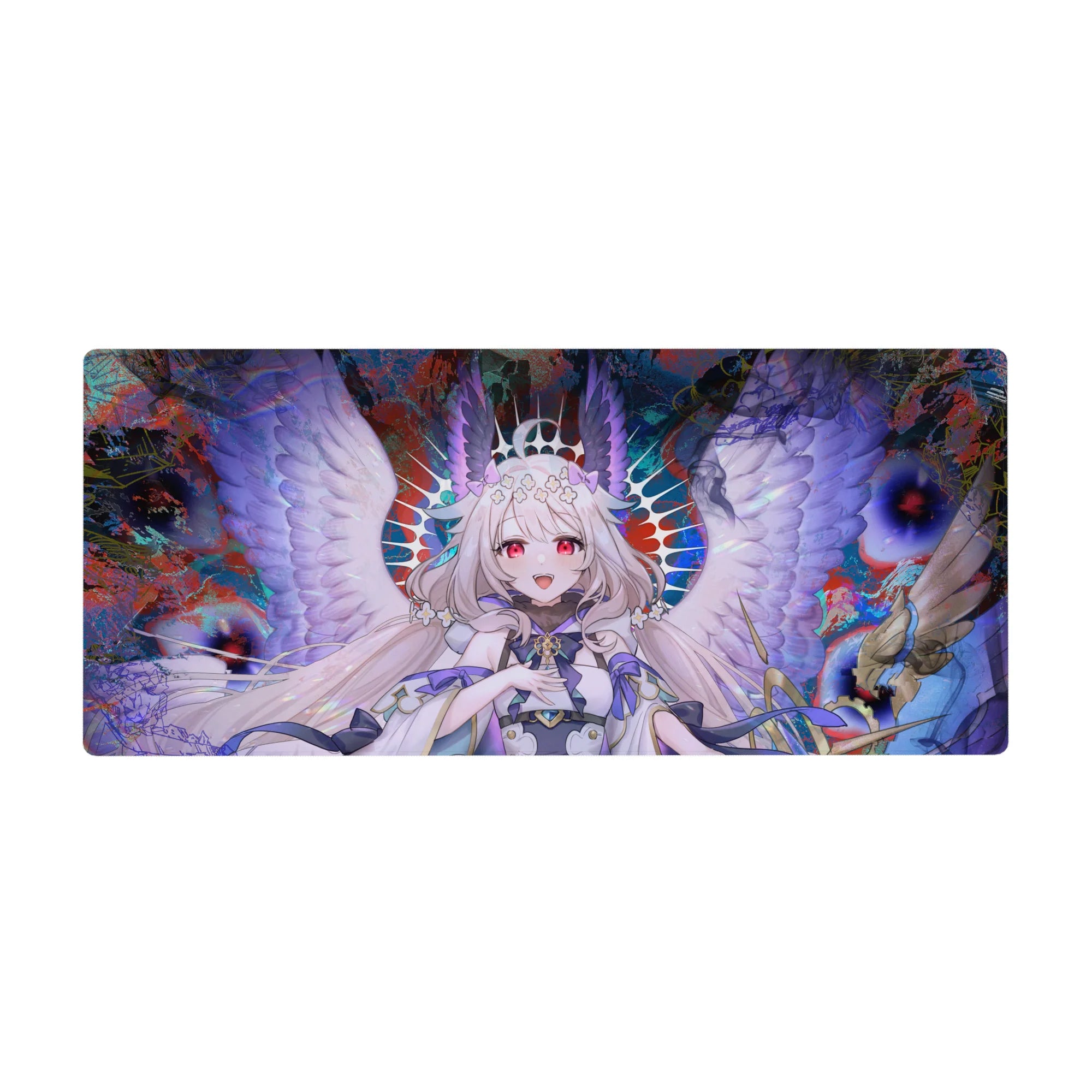 36x16 inches anime girl desk pad with smiling angel, lavender wings, flower crown, and bold splash art.
