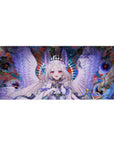 36x16 inches anime girl desk pad with smiling angel, lavender wings, flower crown, and bold splash art.