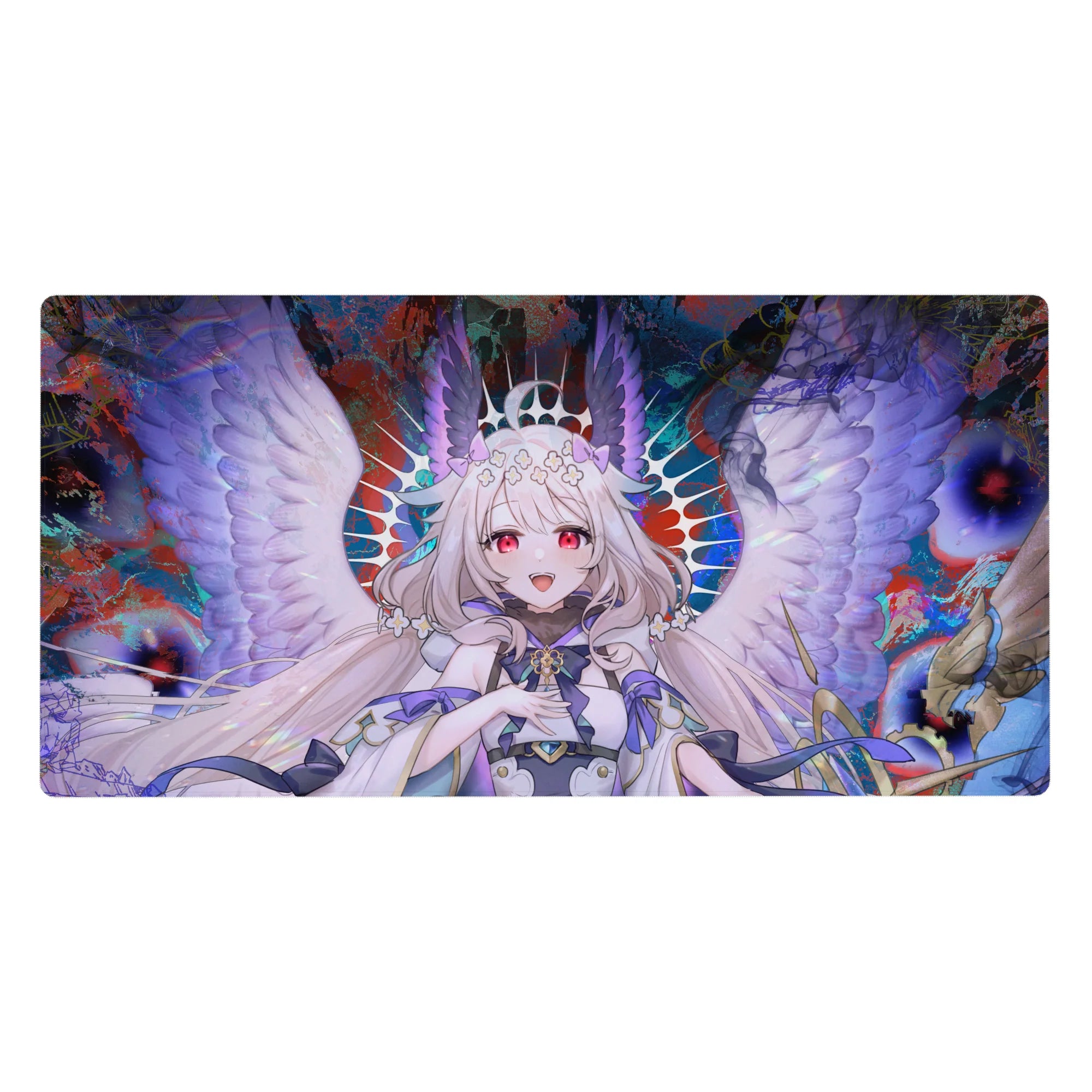 40x20 inches anime girl desk pad with smiling angel, lavender wings, flower crown, splash art backdrop.