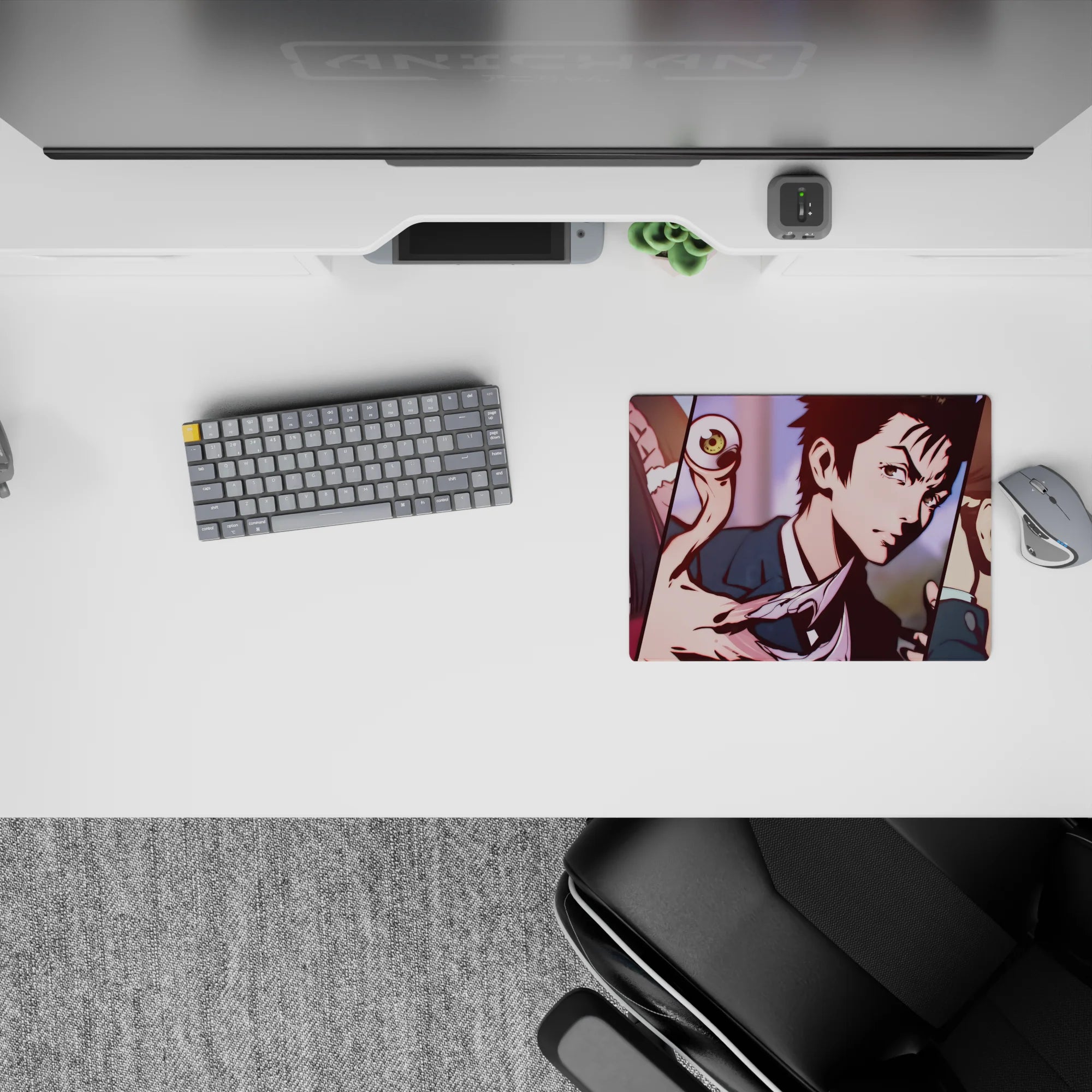 Classic anime mouse pad, 14x10 inches, in muted pink and navy with a tense, eerie Chainsaw Man mood.
