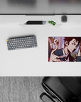 Classic anime mouse pad, 14x10 inches, in muted pink and navy with a tense, eerie Chainsaw Man mood.