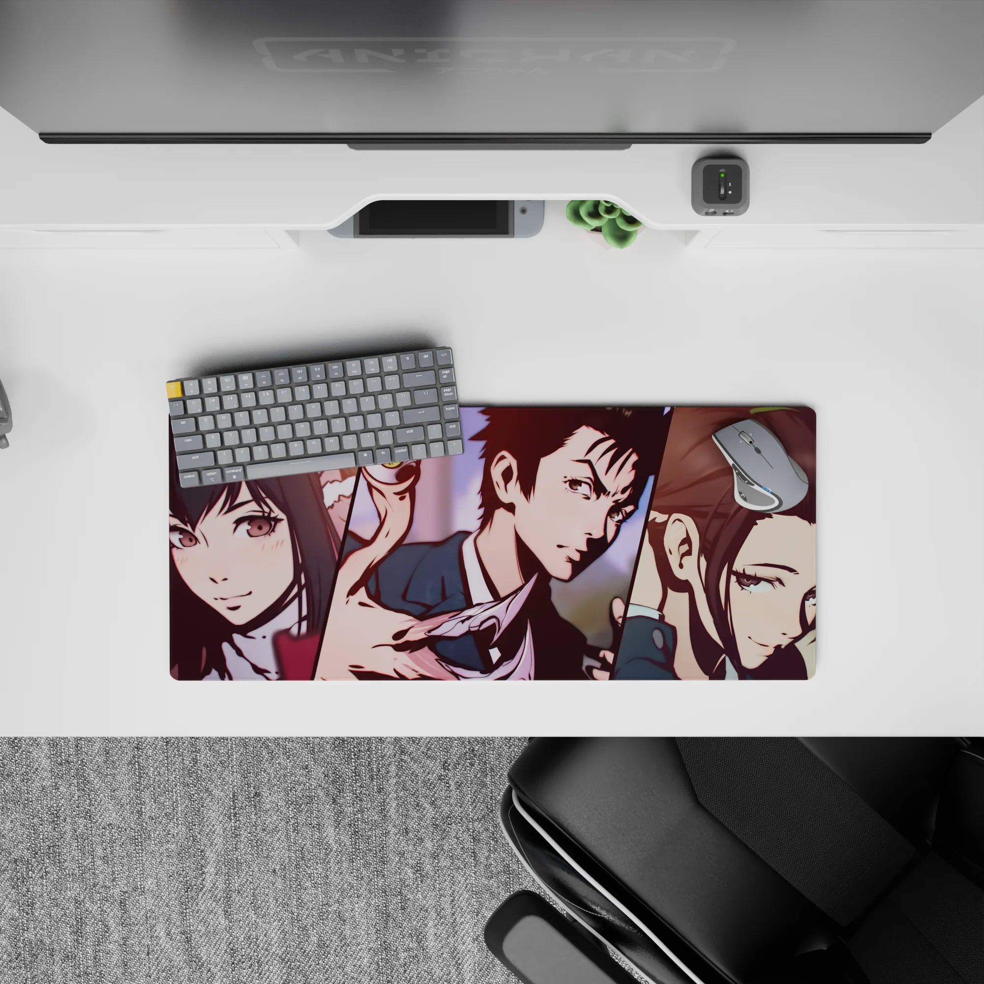 Anime mouse pad 28x12 inches in muted pink and navy with eerie, stylish Chainsaw Man mood.