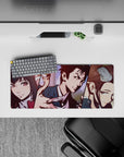 Anime mouse pad 28x12 inches in muted pink and navy with eerie, stylish Chainsaw Man mood.