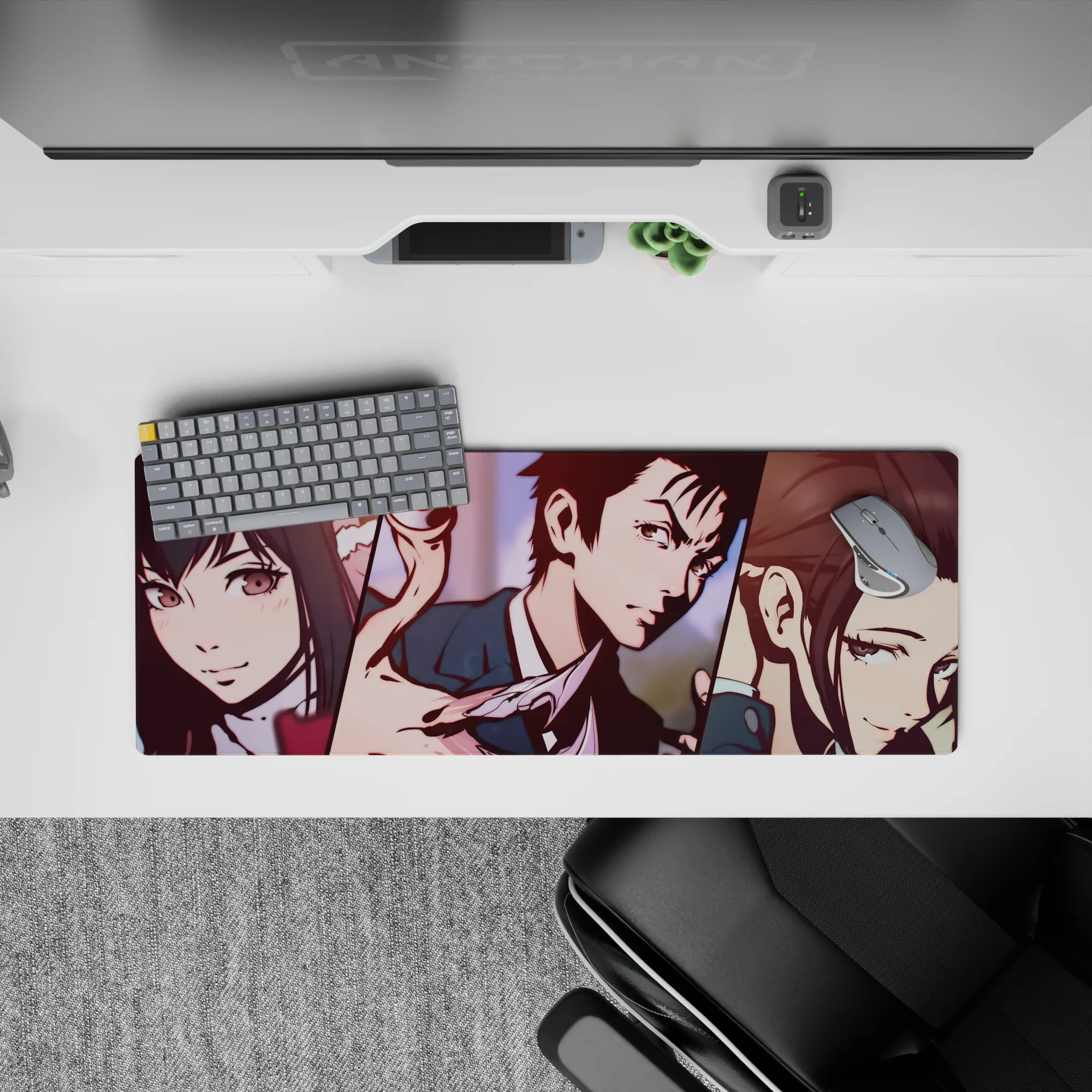 32x12 inches anime mouse pad in muted pink and deep navy, with a stylish dark chaotic manga mood.