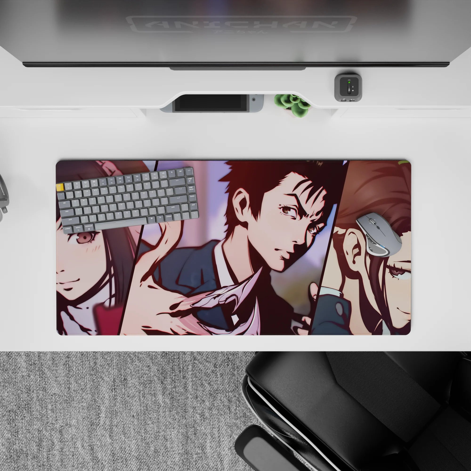 32x16 inches anime mouse pad in muted pink and navy, with eerie manga mood and warm-toned character art.