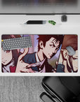 32x16 inches anime mouse pad in muted pink and navy, with eerie manga mood and warm-toned character art.