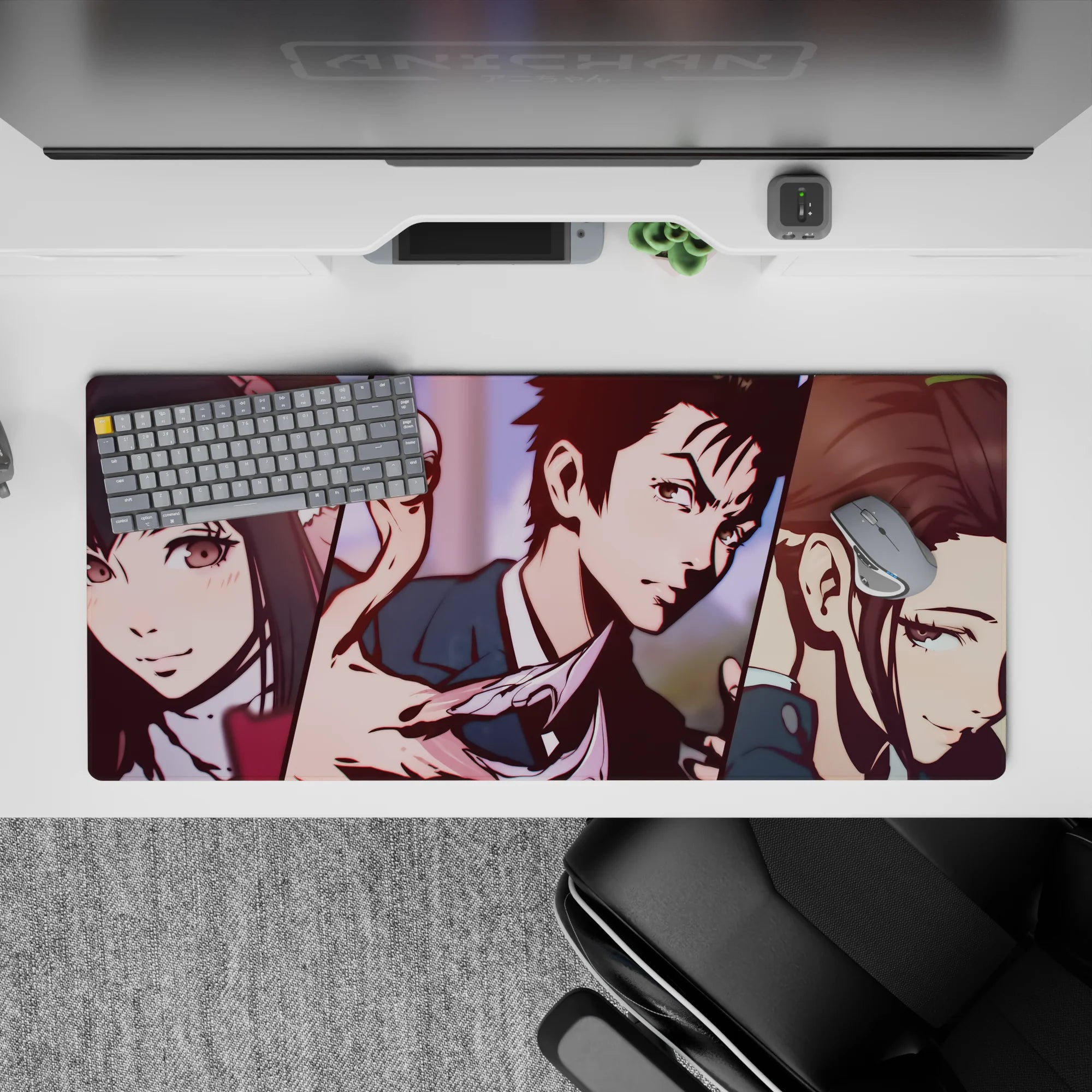 36x16 inches anime desk pad in muted pink and navy, stylish eerie mood with warm skin tones.