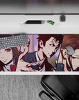 36x16 inches anime desk pad in muted pink and navy, stylish eerie mood with warm skin tones.