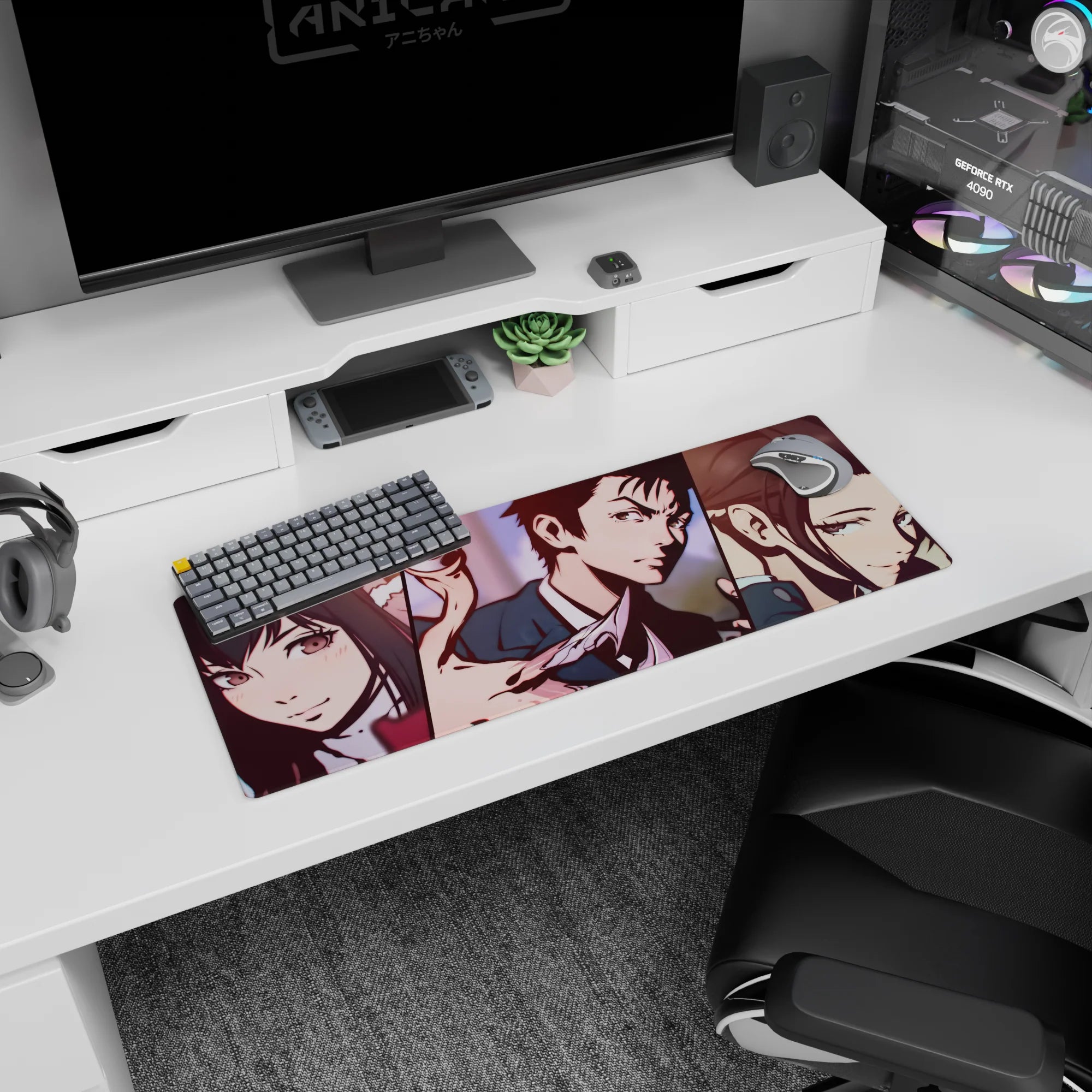 32x12 inches Chainsaw Man mouse pad featuring Himeno, Aki, Makima, and the eerie eyeball devil.