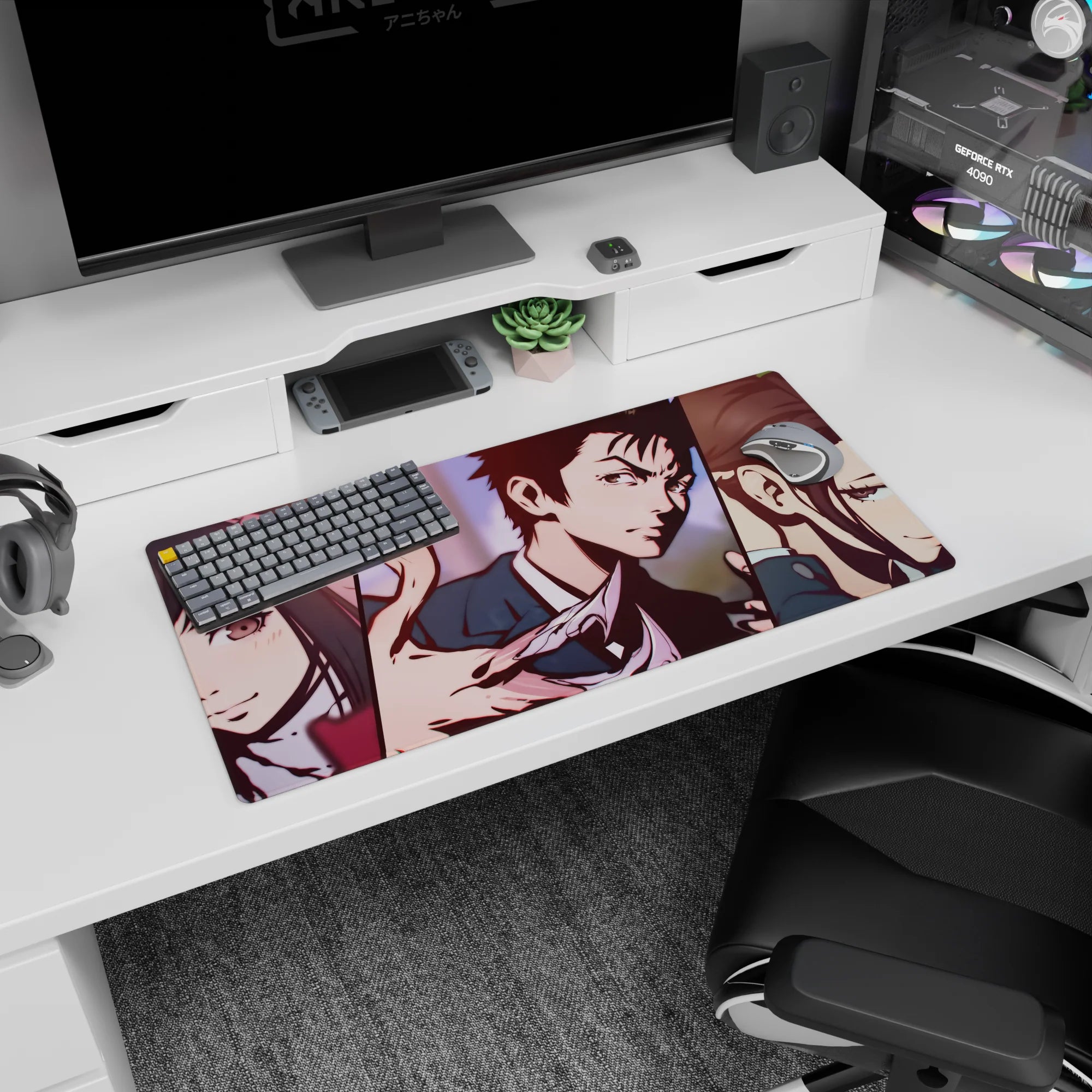 32x16 inches anime mouse pad featuring Himeno, Aki, and Makima in bold split-panel manga art.