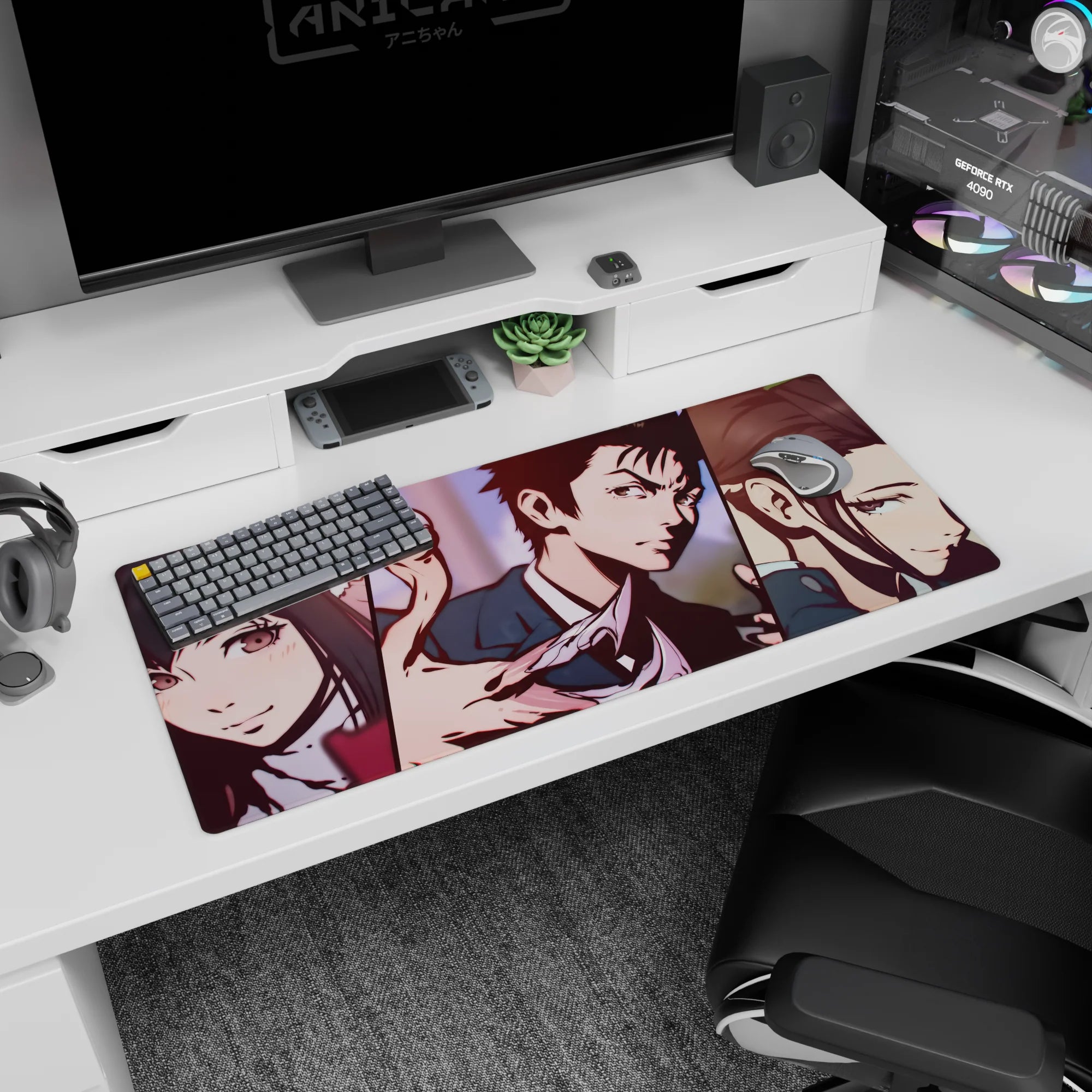 36x16 inches desk pad featuring Himeno, Aki, and Makima in split-panel Chainsaw Man art.
