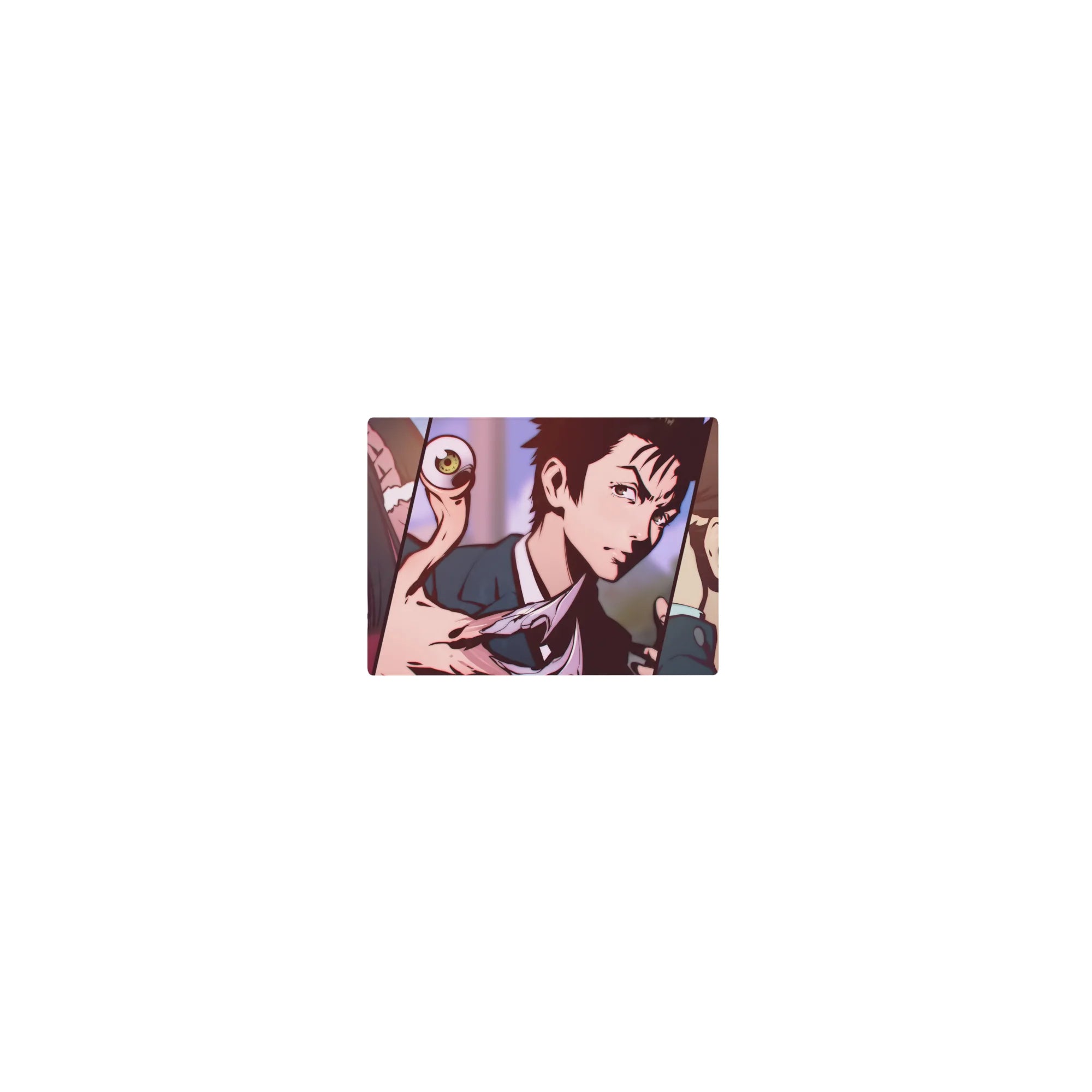 Chainsaw Man anime mouse pad, 14x10 inches, with manga panels, devil eye, and curved blade.