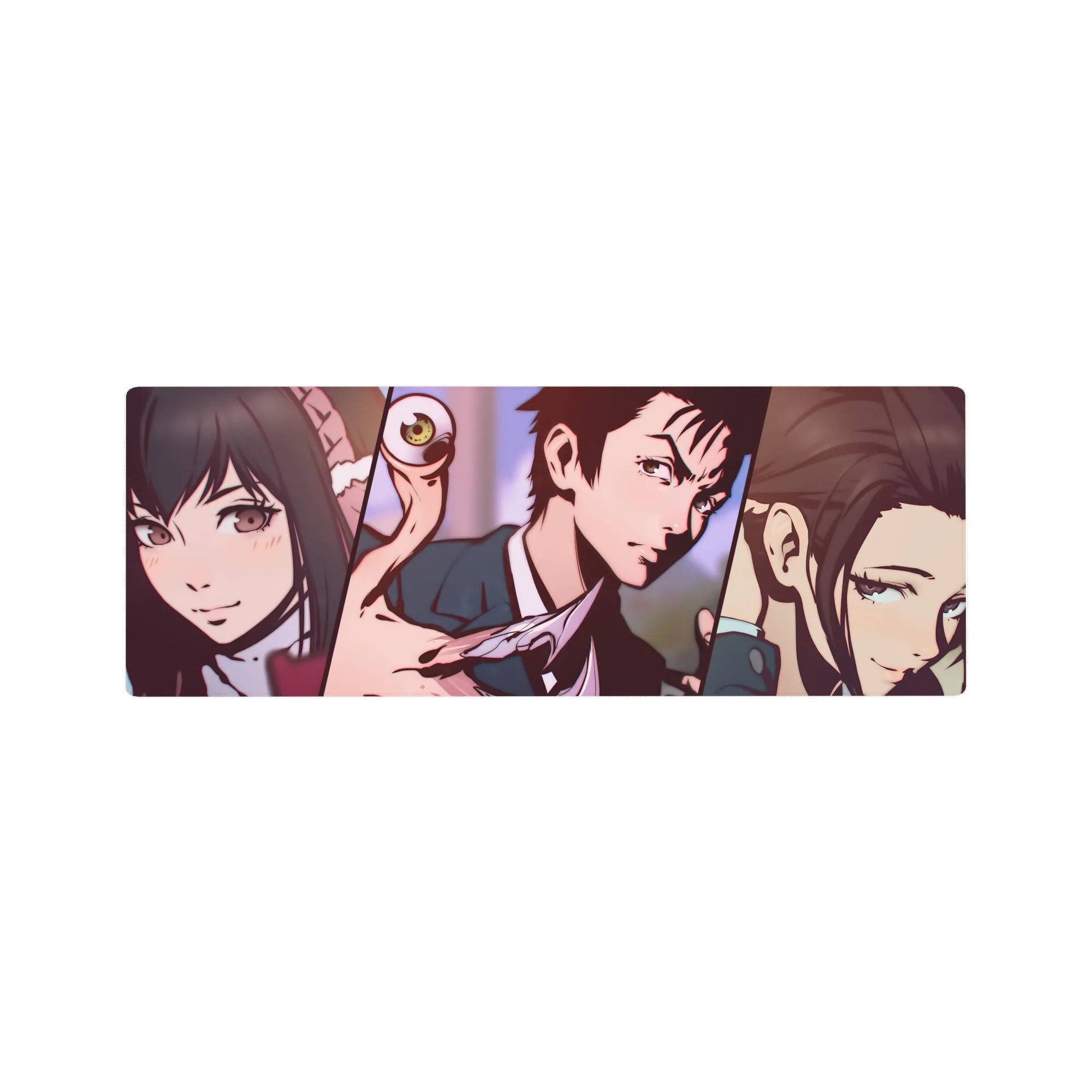 Chainsaw Man anime mouse pad, 32x12 inches, with bold manga panels, blade, and eerie devil eye.
