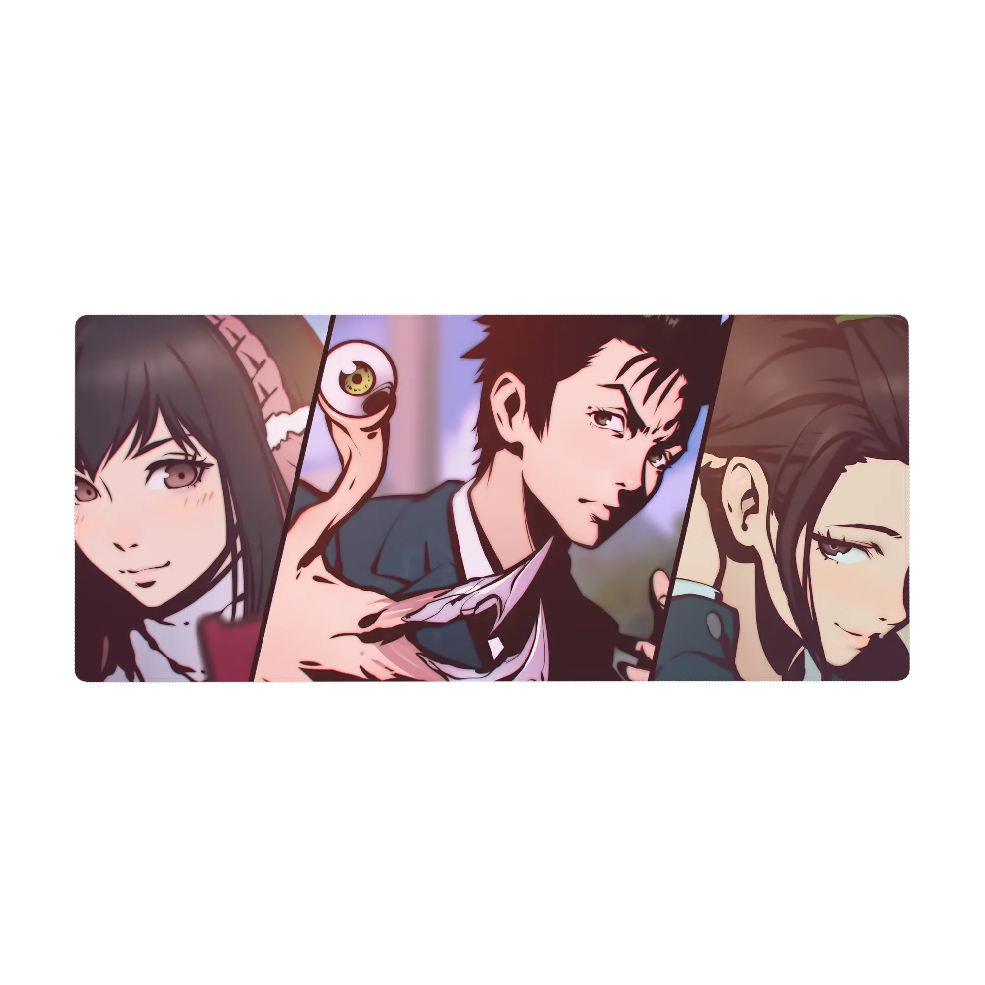 Chainsaw Man anime desk pad 36x16 inches with bold manga panels, devil eye, and curved blade.