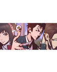 Chainsaw Man anime desk pad 36x16 inches with bold manga panels, devil eye, and curved blade.