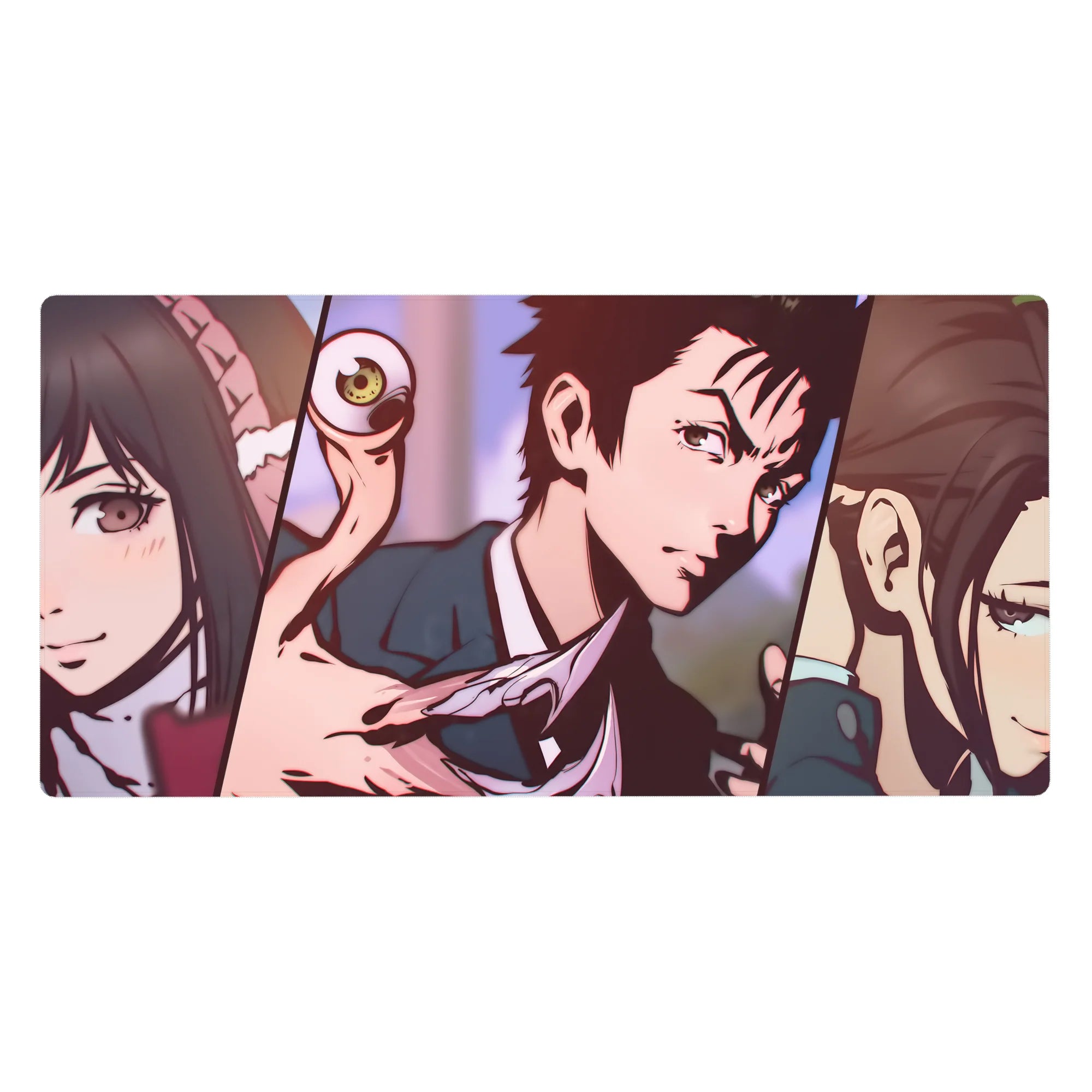 Chainsaw Man anime desk pad 40x20 inches with manga panels, devil eye, and curved blade.