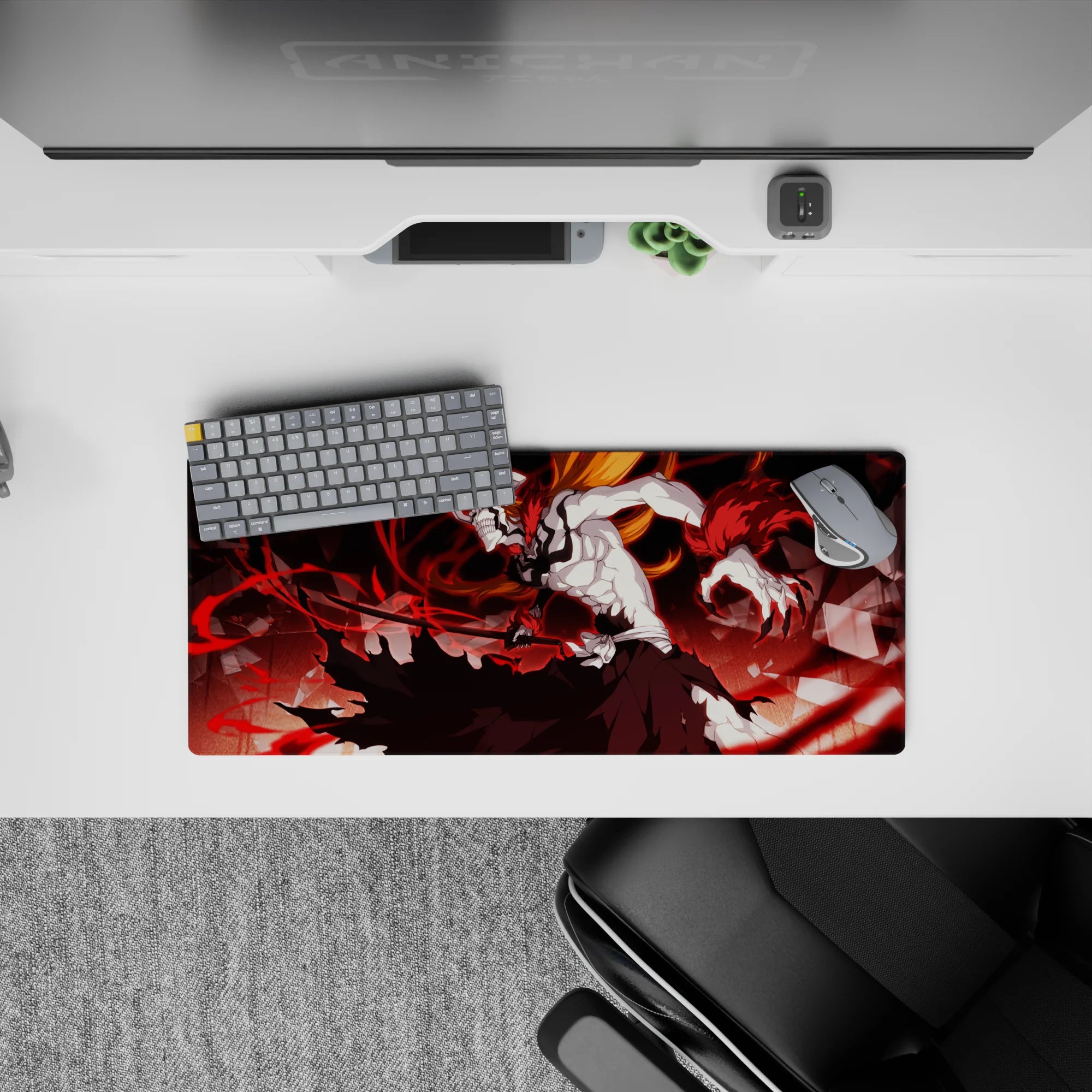 Bleach anime mouse pad 28x12 inches featuring Ichigo's Vasto Lorde form with white mask, black stripes, and red energy.
