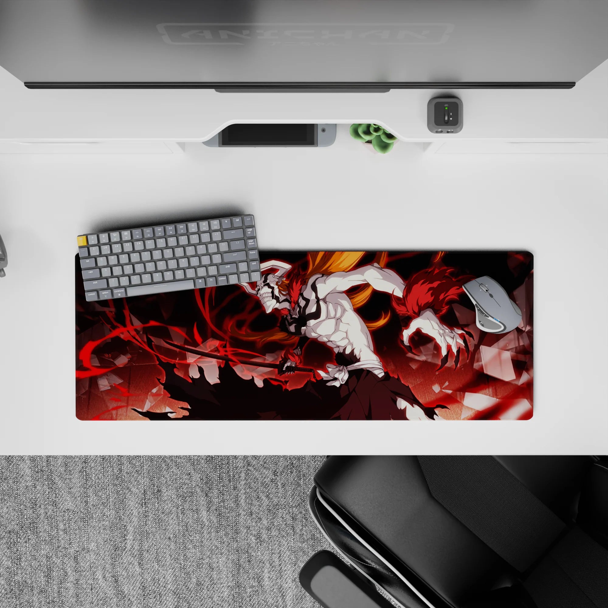 Anime mouse pad 32x12 inches featuring Ichigo's Vasto Lorde form from Bleach, with white mask and black stripes.