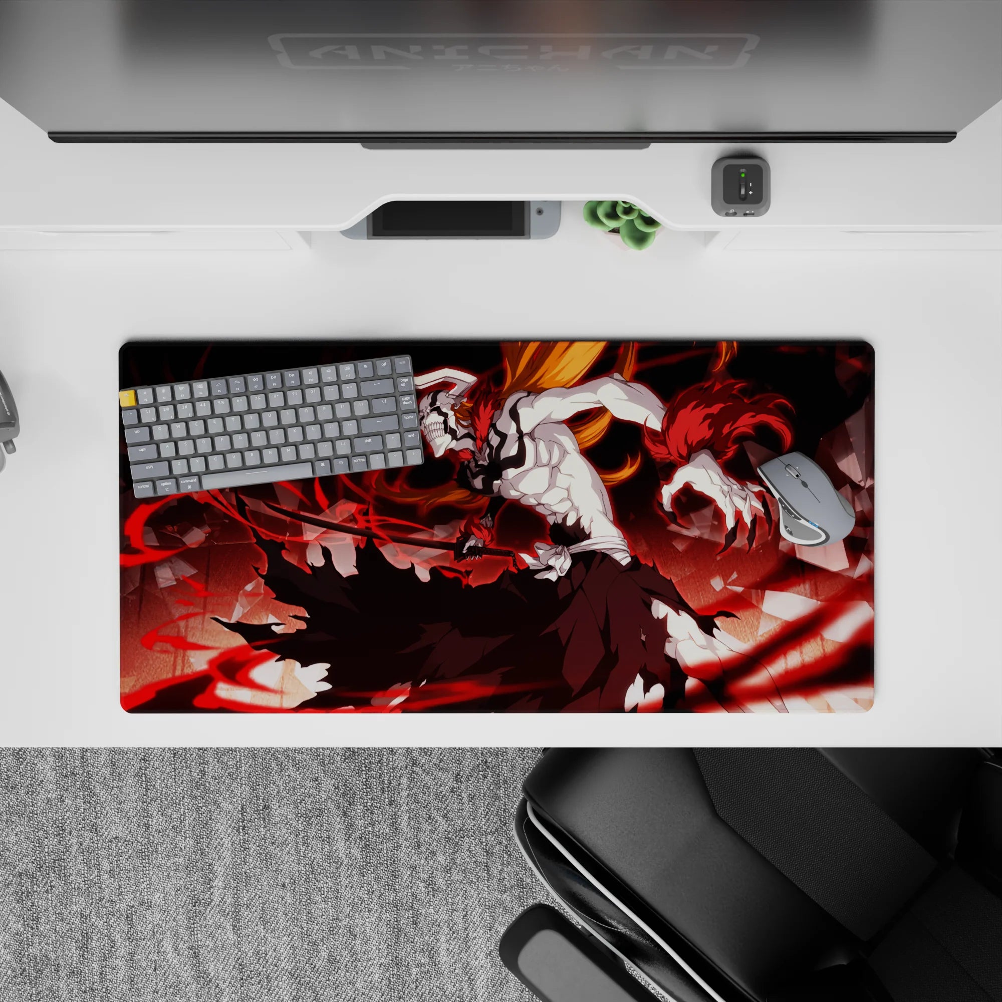 Ichigo's Vasto Lorde form from Bleach anime on a 32x16 inches mouse pad, featuring white mask, black stripes, and red energy.