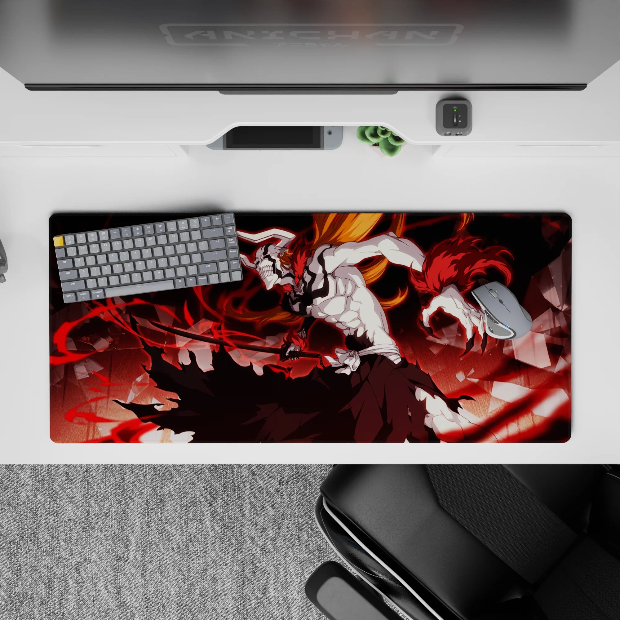 Ichigo Vasto Lorde form anime desk pad from Bleach, 36x16 inches, featuring red energy, shattered glass, and intense rage.