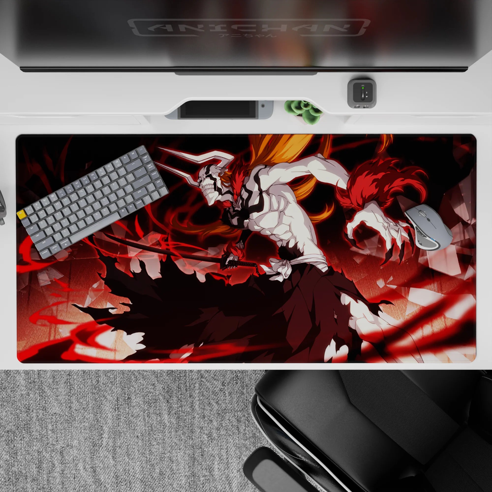 Ichigo Vasto Lorde form from Bleach on 40x20 inch anime desk pad, featuring white mask, black stripes, and red energy.