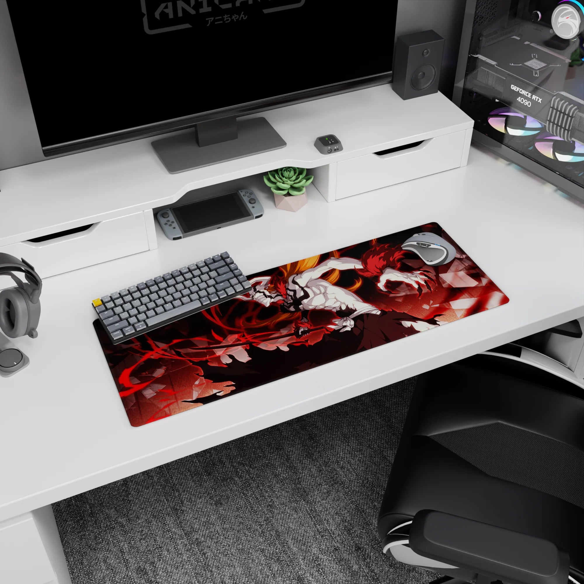 Ichigo Vasto Lorde form from Bleach on 32x12 inch anime mouse pad, featuring white mask, black stripes, and red energy.