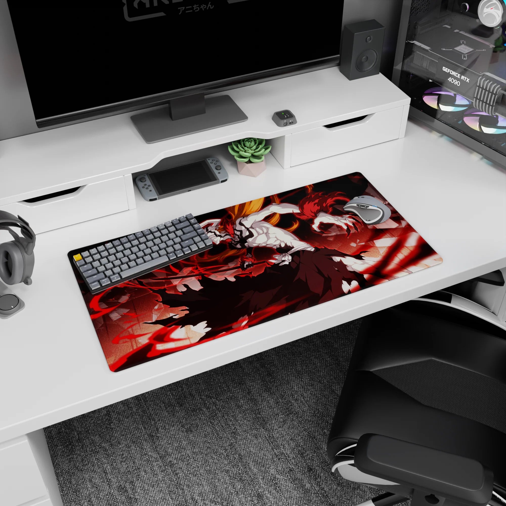 Anime mouse pad 32x16 inches featuring Ichigo’s Vasto Lorde form from Bleach, with white mask, black stripes, and red energy.