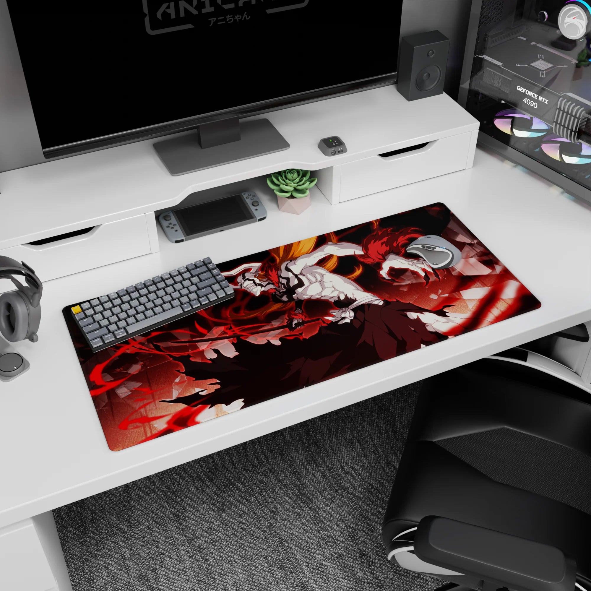 Anime desk pad 36x16 inches featuring Ichigo's Vasto Lorde form from Bleach, showcasing intense energy and vivid colors.