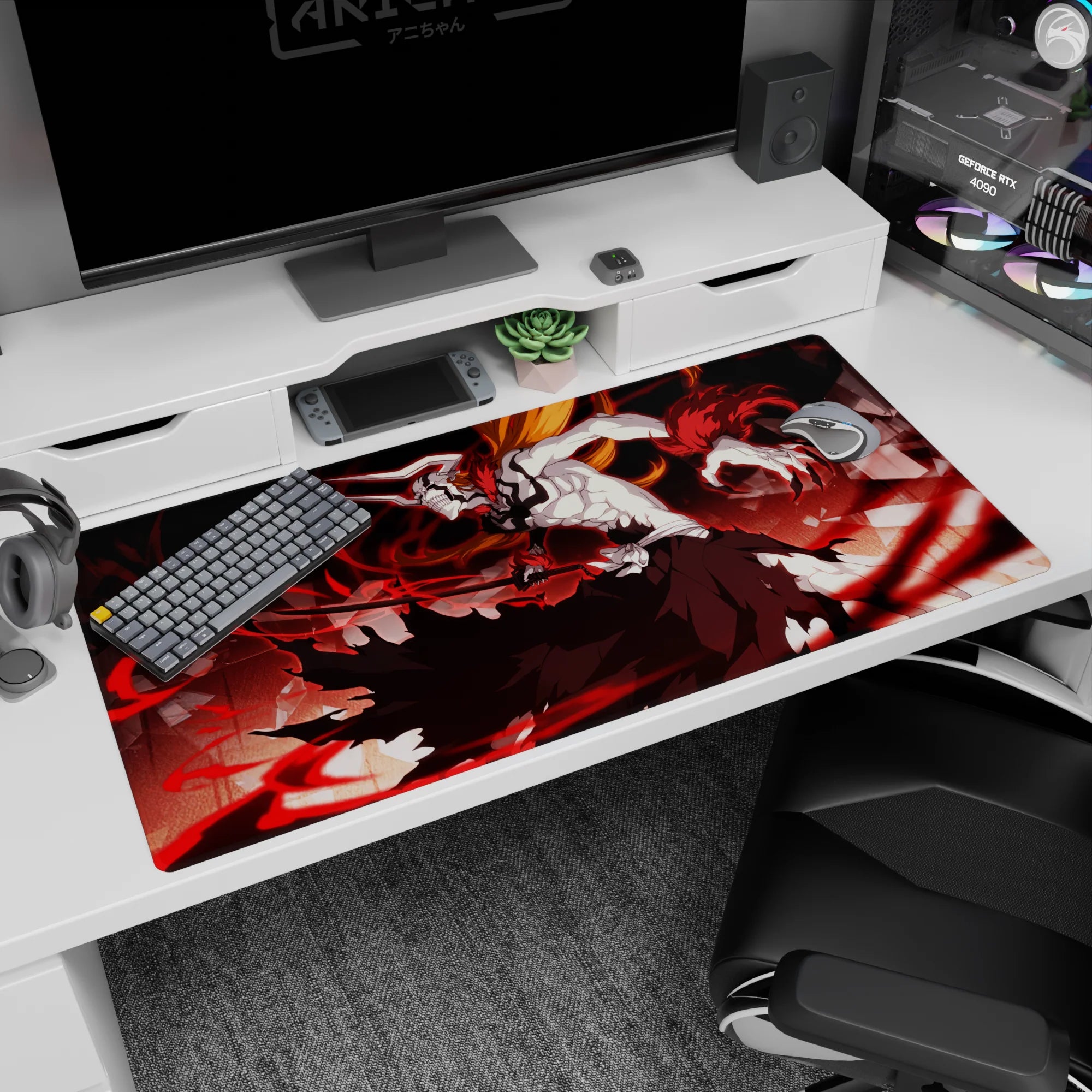 Anime desk pad featuring Ichigo's Vasto Lorde form from Bleach, 40x20 inches, with white mask, black stripes, and red energy.