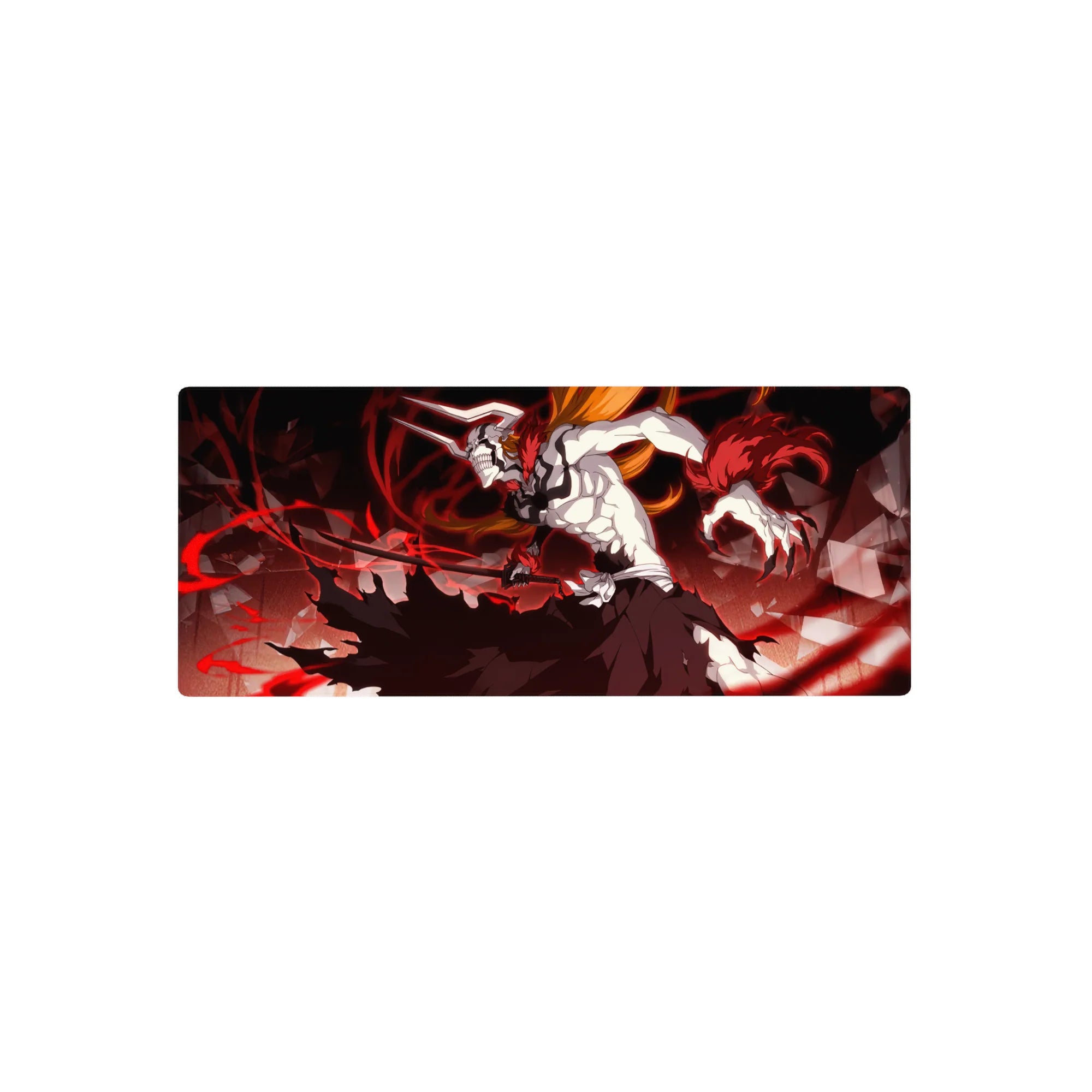 Ichigo Vasto Lorde form Bleach anime mouse pad, 28x12 inches, featuring white mask, black stripes, and swirling energy design.