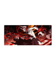Ichigo Vasto Lorde form Bleach anime mouse pad, 28x12 inches, featuring white mask, black stripes, and swirling energy design.