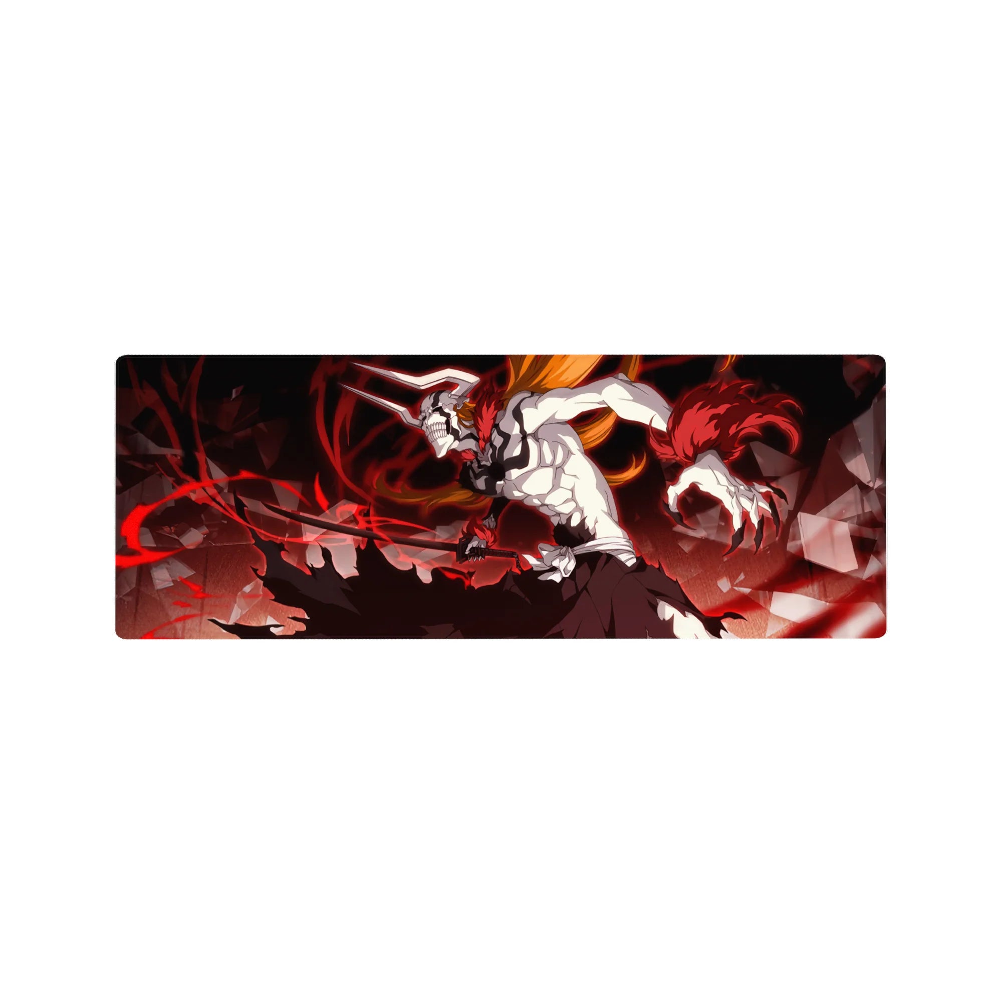 Anime mouse pad 32x12 inches featuring Ichigo's Vasto Lorde form from Bleach, showcasing intense energy and fiery design.