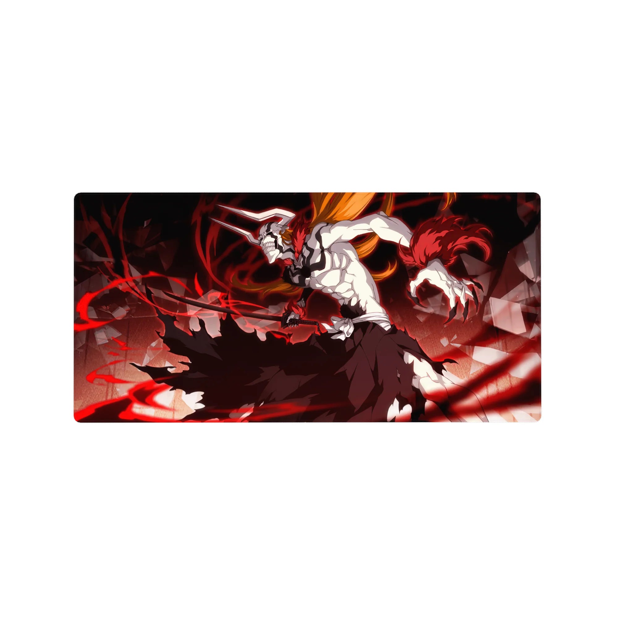 Ichigo's Vasto Lorde form from Bleach on a 32x16 inch anime mouse pad, featuring intense red energy and shattered glass.