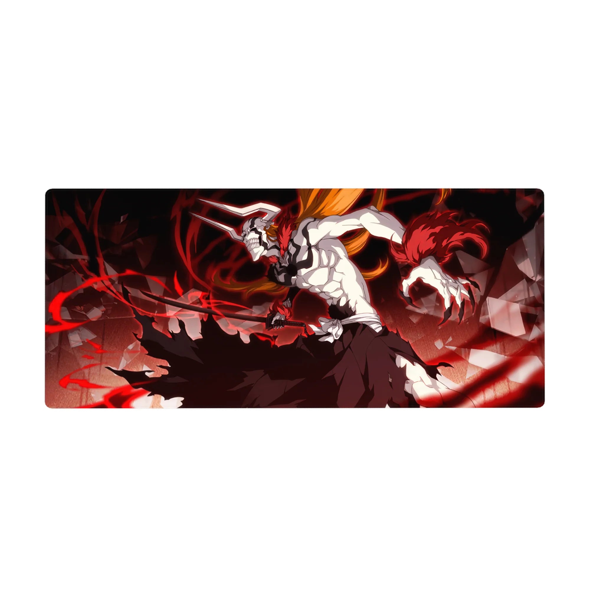 Ichigo Vasto Lorde anime desk pad from Bleach, 36x16 inches, featuring white mask, black stripes, and red energy.