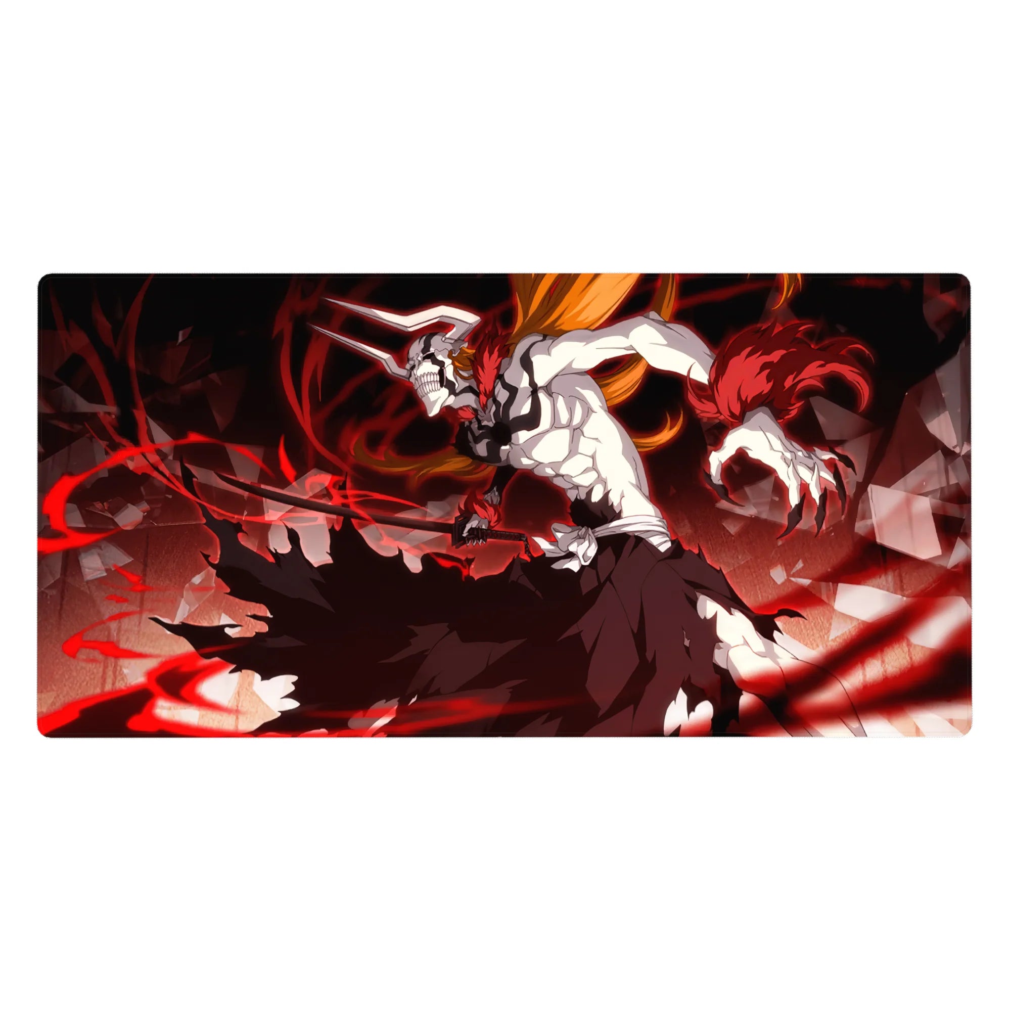 Ichigo Vasto Lorde form anime desk pad, Bleach, 40x20 inches, featuring a dynamic design with shattered glass and swirling energy.